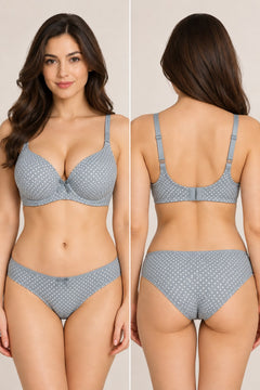 Dot Print Seamless Bra in Blue Grey, front and back