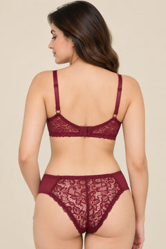 Floral Lace Bra and Panty Set in Burgundy, back view