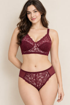 Floral Lace Bra and Panty Set in Burgundy, front view