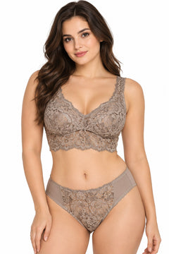 Floral Lace Bra and Panty Set in Nude, front view