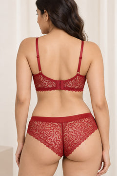 Floral Lace Bra and Panty Set in Red, back view