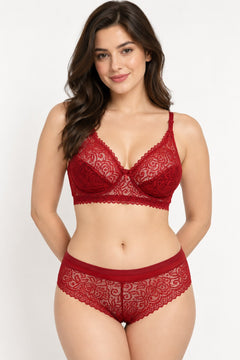 Floral Lace Bra and Panty Set in Red, front view