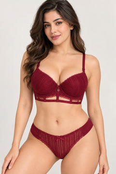 Front Closure Lace Set in Maroon, front view
