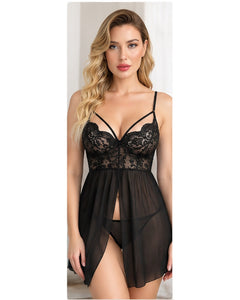 Lace Cup Babydoll Set in Black, front view
