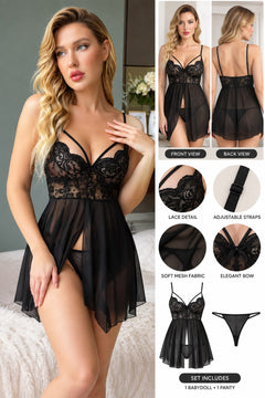 Lace Cup Babydoll Set in Black, detail views