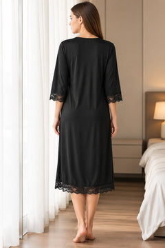 Lace Hem Satin Nightgown in Black, back view