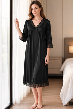 Lace Hem Satin Nightgown in Black, front view