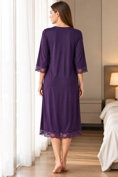 Lace Hem Satin Nightgown in Purple, back view