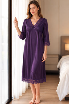 Lace Hem Satin Nightgown in Purple, front view