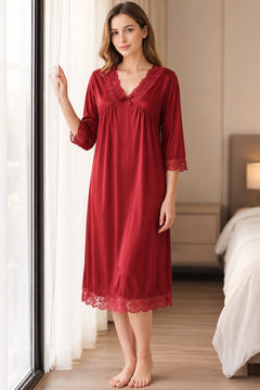 Lace Hem Satin Nightgown in Red, styled