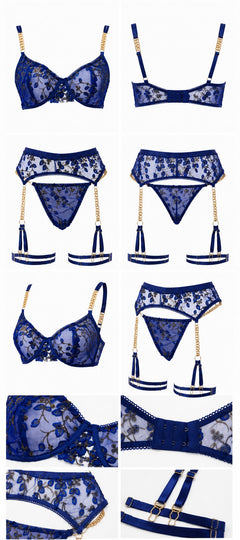 Lace Lingerie and Garter Set in Navy, all pieces