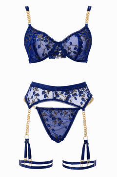 Lace Lingerie and Garter Set in Navy