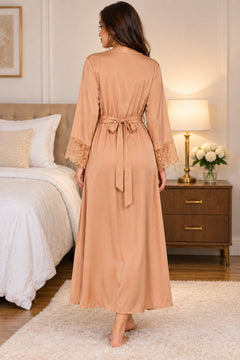 Lace Sleeve Long Robe in Tan, back view
