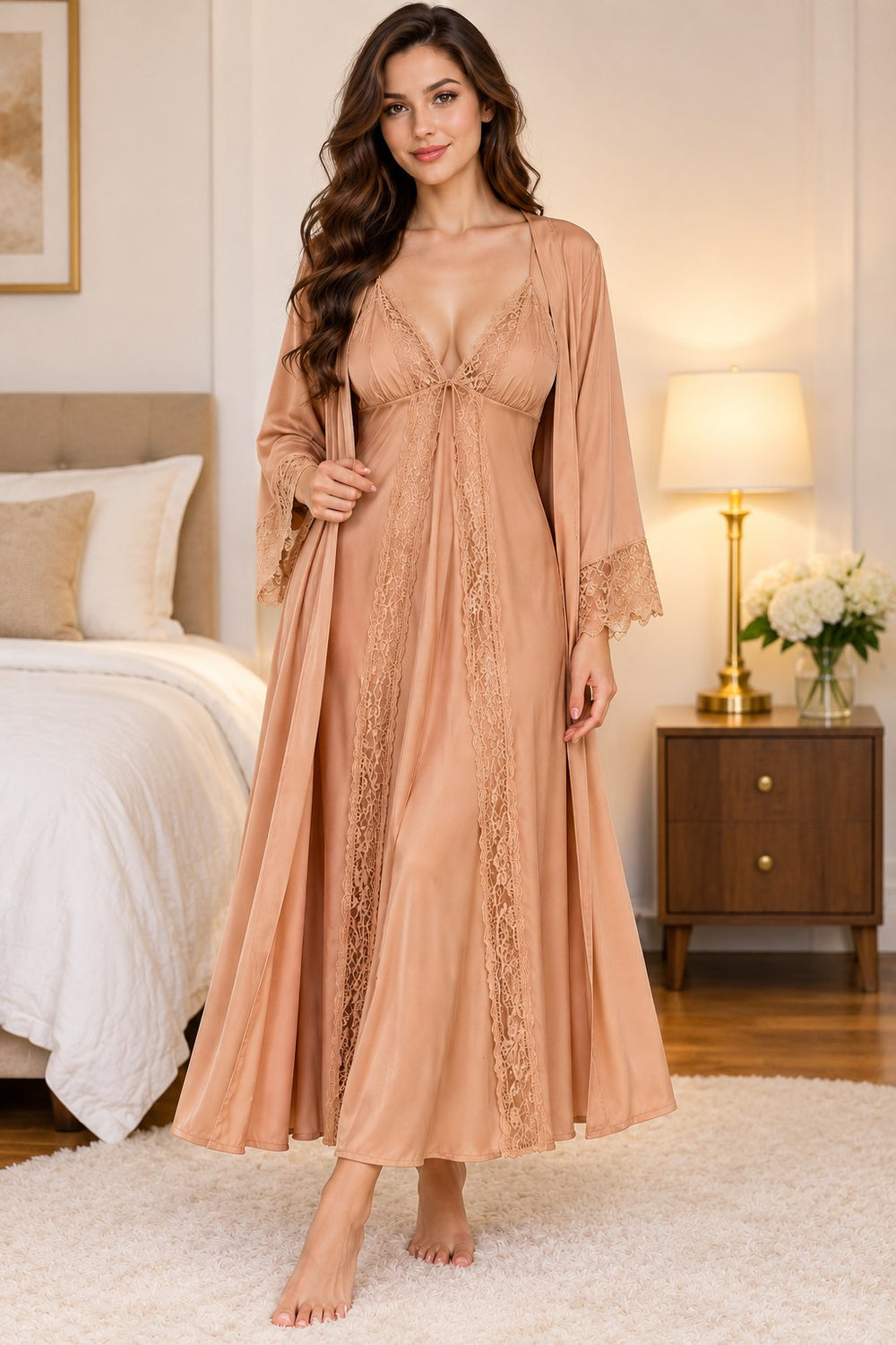 Lace Sleeve Long Robe in Tan, front view