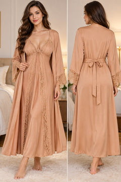 Lace Sleeve Long Robe in Tan, detail views