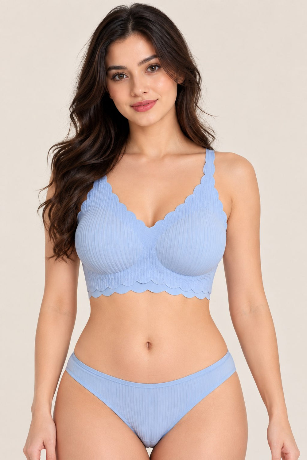Lace Trim Seamless Bra in Light Blue, front view