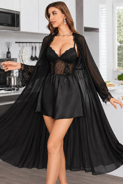 Satin Slip and Chiffon Robe Set in Black, front view