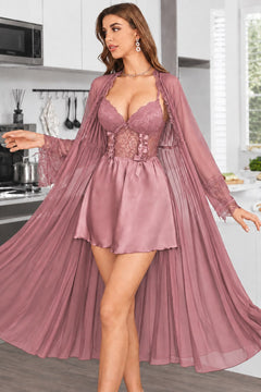 Satin Slip and Chiffon Robe Set in Pink, front view