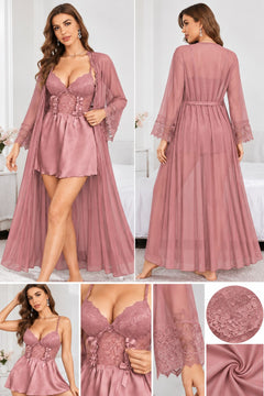 Satin Slip and Chiffon Robe Set in Pink, detail views