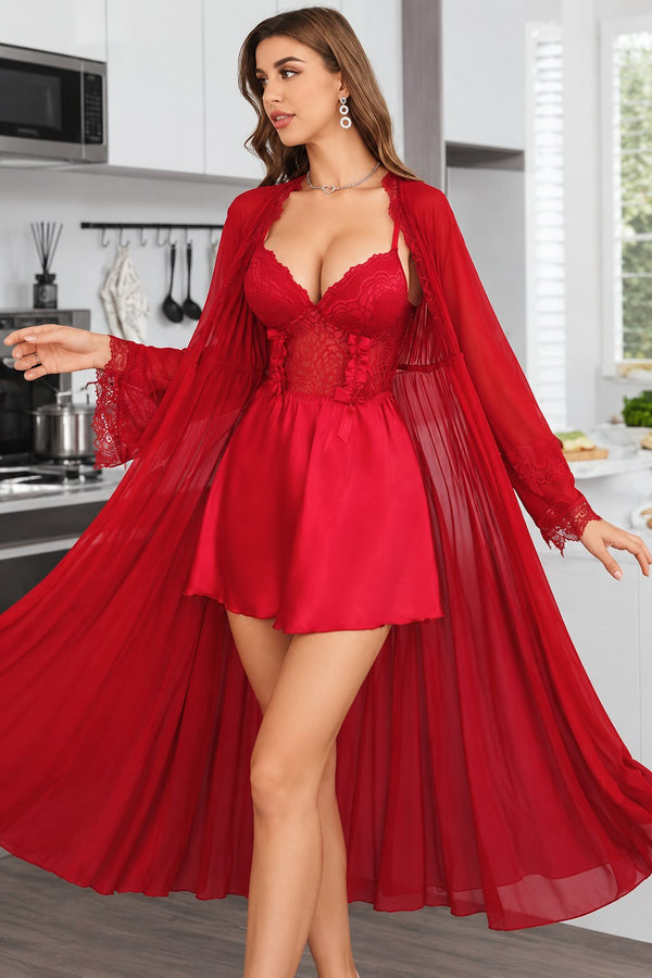 Satin Slip and Chiffon Robe Set in Red, front view