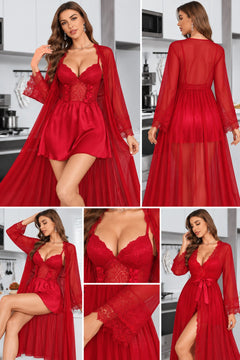 Satin Slip and Chiffon Robe Set in Red, detail views