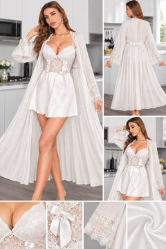 Satin Slip and Chiffon Robe Set in White, detail views