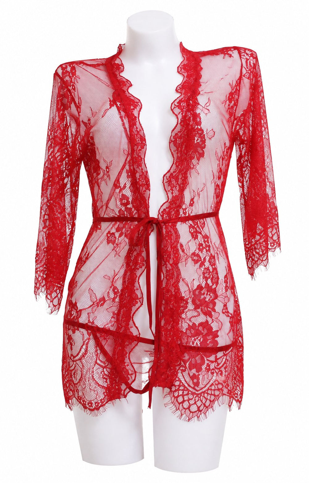 Sheer Lace Robe in Red, front view