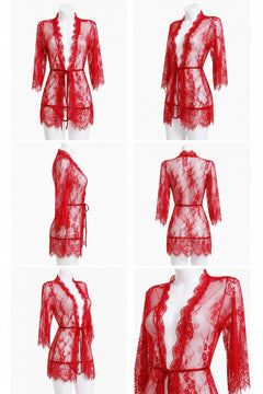Sheer Lace Robe in Red, detail views